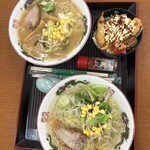 丼ぶり勘定 - 上が味噌ラーメンとミニマヨ唐丼のセットで、下が塩ラーメンです。