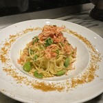 桜エビとそら豆のパスタ ～カラスミがけ～