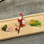 味享 - 2024.4.  菜の花 唐墨・卵黄の味噌漬け 百合根・白魚の桜煮