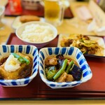 Kyou Tanabe Miyamagi Shokudou - 揚げ出し豆腐　鳥と茄子揚げ浸し　肉野菜炒め