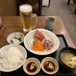 巣鴨ときわ食堂 - 刺身盛合わせ定食、生ビール（中）