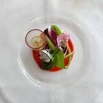 L'art et Mikuni - 山菜（こごみ・タラの芽）と春野菜のバーニャカウダ。ソースは赤パプリカ。