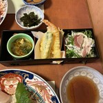 喰しん房松むら - 心太、天ぷら三種、生ハム水菜サラダ。