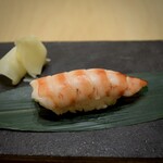 Sushi Mashio - 車海老
                      丸まった形が御所車に似てたことが名前の由来
                      香りと甘みのある高級感漂う海老です