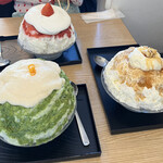 Sakanoue Kafe - 友人達はこおりのショートケーキ、裏メニューの西京味噌といちじくを頼んでました！ひと口ずつ食べさせて貰いましたがどれも本当に本格的なスイーツでした。