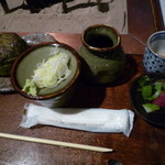 Oomatsuya - セットの　弁慶めし、漬物、そばつゆなど