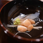 江戸前芝浜 - "馬珂蛤閉殻筋（こばしら、=ばかゞひのかひばしら）",w/山蓼（わさび）