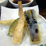 天ぷら ふそう  - 「櫻定食」前半の天ぷら（海老・茄子・いか・かぼちゃ）