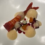 ラ・ヴァガボンド - スペイン産カラピレーロ(海老)　泡　フランボワーズのビネガー　タルティーボ