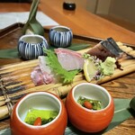 博多 表邸 - コースの前菜とお刺身（鯛、カンパチ、カツオ）