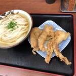 Sanuki Udon Iwai - ひやあつ（中）、げそ天、鶏皮唐揚げ（850円）