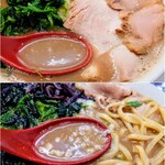 うまいヨゆうちゃんラーメン - ◆ラーメン（全て普通）¥950
      
      背脂が潜んでいた!
       
      豚骨と水のみで炊かれているとのこと。
      しっかり乳化、粘度高めで濃厚。 
      豚骨スープのマスク効果なのか、
      色ほど、 塩みは強すぎない。