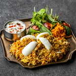 Chicken Biryani (with boiled egg topping, salad, and raita (yogurt salad))