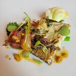 マダム・トキ - 太刀魚のムニエル富山県産ホタルイカと
      丹波篠山イノシシのベーコン.ソースブールノアゼット