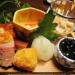 しのはら - 1月八寸　虎河豚白子和え、フォアグラ羹・市田柿載せ、オマール海老コロッケ、慈姑松風、手鞠寿司、紅白なます、黒豆、しし肉ロース燻製、玉子焼き