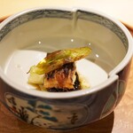 参宮橋 あさや - ●浜名湖イソフラボン鰻の印籠焼き
      焼きナスと蕗味噌を添えて。