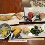 Fukuya - 先付、お刺身、ふぐの天ぷら、お新香