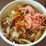 すき家 - 牛丼 (並盛) (税込)430円に 紅しょうがをたっぷりのせて、七味をたっぷりかけました(^^)/ (2024.04.11)