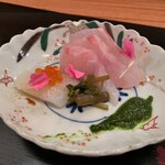 コクボのまゝ - スミイカと鯛のお造り　菜の花のお醤油