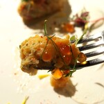 Re：Journal - Antipasto：サーモンマリネと紅ズワイガニのタルタル/レモンとレフォールクリーム/スパイシーなハーブのサラダ