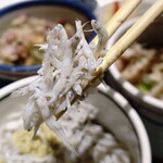 海幸楽膳 釜つる - ”釜揚げしらす丼”、フンワリ、フックラとした“しらす”、少し“塩味”が付いており、そのままでも、充分美味しいのです。