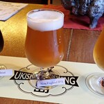 浮島ブルーイング - 右から　浮島ゴールデン107、浮島 New England IPA、BBQ スタウト