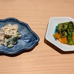 鮨 おにかい×2 - 「焼きアスパラ 黄身醤油」「たいら貝とえんどう豆の白和え」。丁寧な仕事っぷりにコースへの期待が膨らみます