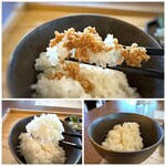 Takamiya Teien Saryou - ◆ご飯　朝倉久保山農園百年米　・・ツヤツヤと言うより、よく噛むと旨味を感じるお米です。お代わり可能。 鶏そぼろと共に頂くと美味しいですね。