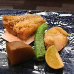 Washoku Onodera - 焼き蛤、甘鯛の松笠揚げ、安納芋
