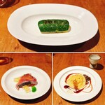 ドンブラボー - 3-1. ズッキーニの薪焼き  3-2. 皮目薪焼き戻り鰹のカルパッチョ
       3-3. かぼちゃのラビオローネ＆3種のソース（夏鹿のラグー、赤ワイン、ゴルゴンゾーラソース）