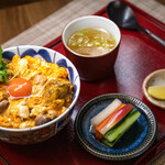 A mini Oyako-don (Chicken and egg bowl) is a drink