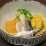 法師温泉 長寿館 - 酢物 （鮎酢漬・菊花・胡瓜・金柑ぜりー寄せ・ホワイトアスパラ）