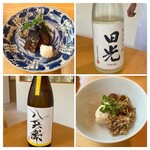Sobakiri Ishigaki - 鰊棒煮、蕎麦の実なめこおろし、蕎麦前冷酒2種