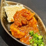 Large shrimp with chili sauce and charred rice