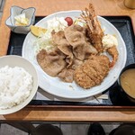 好成軒 - 特選エビフライ、ひれかつ、肉しょうが焼き 盛り合せ定食　1,850円