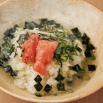 Dashi ochazuke (spicy cod roe, mustard greens, plum, eel, salmon)