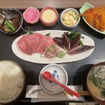 魚がし食堂　中央市場店 - 本マグロとキハダマグロ、ネギトロ定食(ご飯小) 1250円