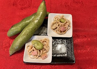 Hinabe Mita - 期間限定前菜『そら豆と干し豆腐のペペロンチーノ、麻辣風味』