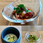 Rigutta - ★オリーブをおつまみに
                ☆そら豆と新玉葱の冷製スープ（写真左下）
                ☆土佐赤牛のローストビーフ シェリービネガー（写真上）