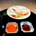 まき村 - ✽ ヒラメ、あん肝　　塩昆布、酢橘、わさび醤油、ちり酢と食べ方お好みで。