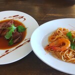 セディータ - 天使の海老のトマトソースと国産牛ランプのステーキ