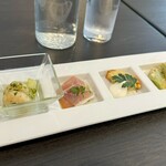 有福BIANCO - 前菜4種盛り合わせ（海老とジャガイモのジェノベーゼ・生ハムとアスパラガス・ケークサレ・スナップエンドウのチーズフリット）