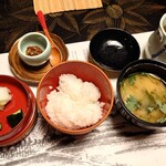高志の宿 高島屋 - お食事　岩室産こしひかり、味噌汁、香乃物、きりあい（三年熟成させた大根の味噌漬けに柚子と胡麻を合わせた岩室の伝統郷土料理）