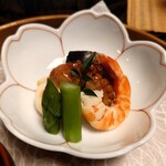 Takashi No Yado Takashimaya - 酒菜　蛸柔煮、烏賊明太子巻、鰊旨煮、才巻海老塩茹で、グリーンアスパラ糀漬