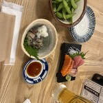 Taishuusushisakaba jinbeetarou - ザ・プレミアム・モルツ／ジョッキ
                      タコわさび
                      お刺身盛り合わせ
                      枝豆
                      