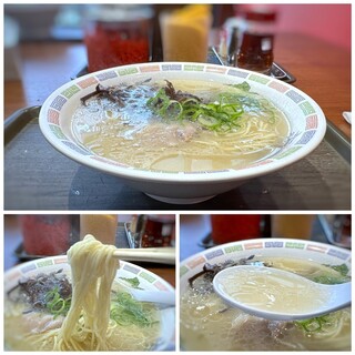 Hakata Ramen Hakataya - ◆朝から豚骨系を頂けるかしらと思いつつ、スープを一口。 スープが薄めで豚骨味が軽いのがよかったですね。 これがお安い要因なら、豚骨苦手な方にはいいかも。笑 ◆麺はストレート麺。普通でお願いしました。 ◆薄切りで気持ちだけのチャーシューも入っています。