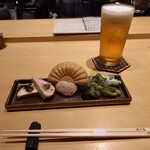 焼き鳥 茂 東桜 - 前菜(自家製鶏ハム、レバーパテ、たらの芽天ぷら)