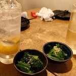 鶏や まると - 生搾りレモンソーダ　角ハイボール　お通し小松菜