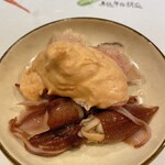 うを徳 - 蛍烏賊、ミンククジラ(ウネ）軽く燻製、パプリカムース