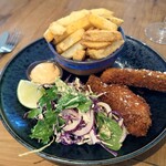 Angler - market fish(barramundi) with salada & hand cut chips - angler sauce - lemon($28)